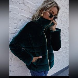 Green velvet puffer jacket
